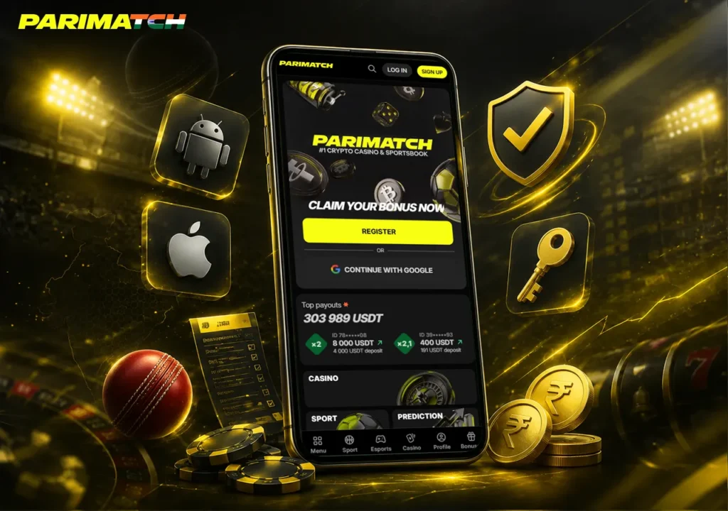 Parimatch App India mobile scene with install cues, secure login and sports betting accents