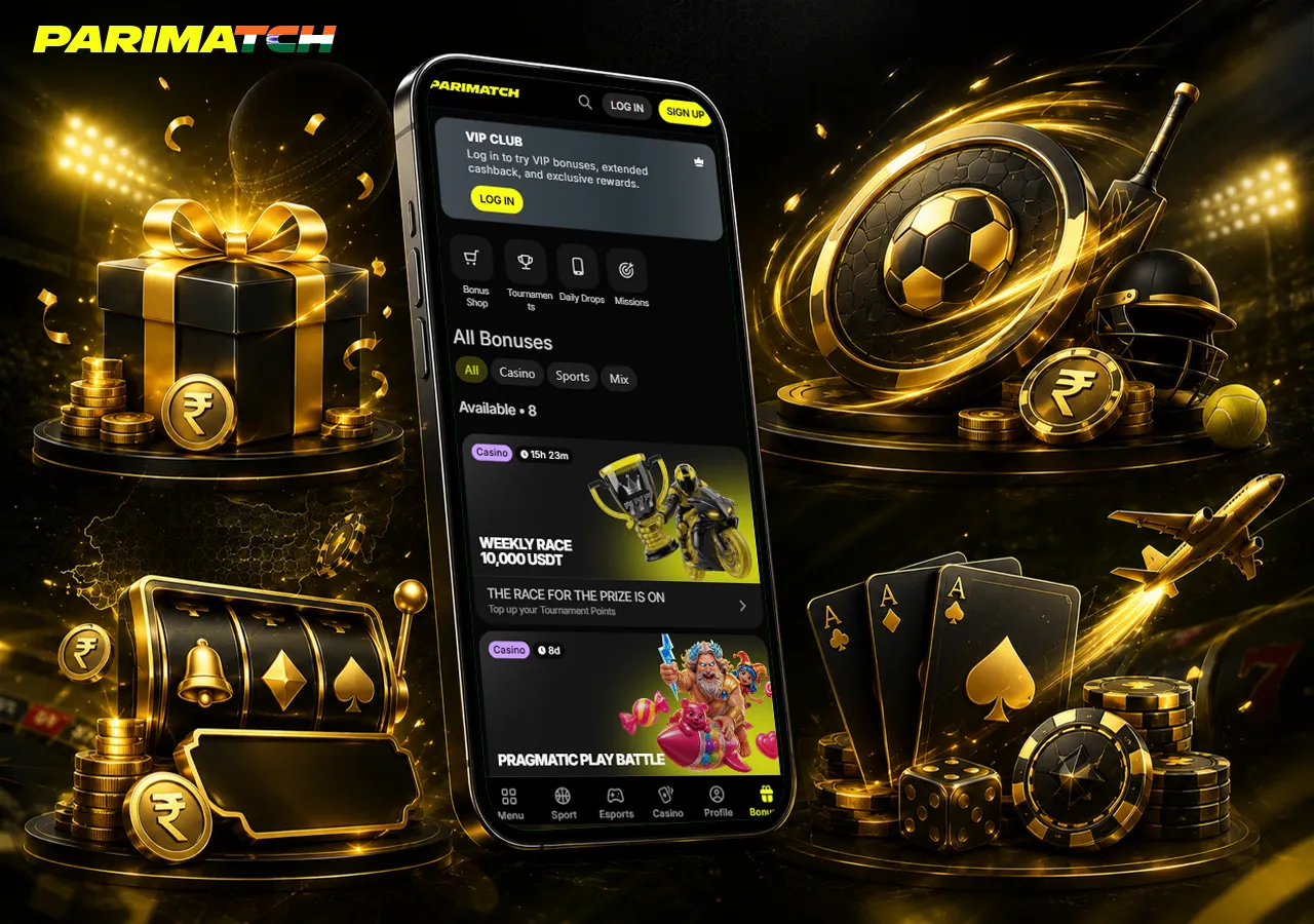 Parimatch bonuses with gift box, slots, live casino elements and rupee rewards