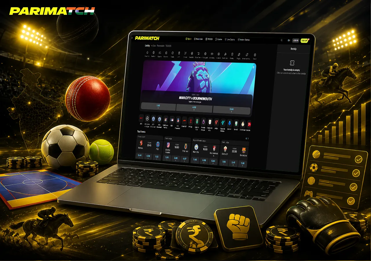 Parimatch sports betting on laptop with cricket, football, markets and bet slips