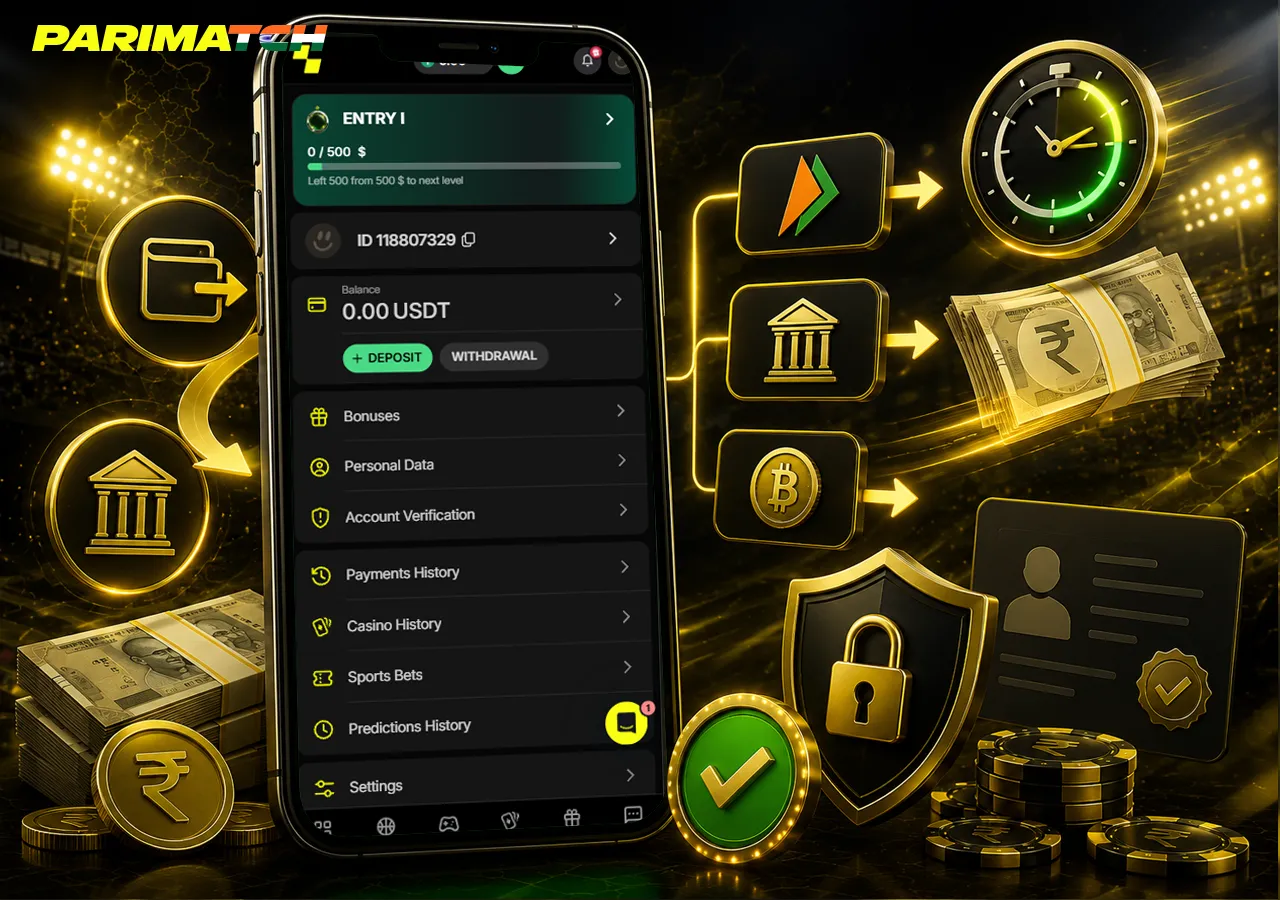 Withdrawals concept with KYC check, UPI, crypto options and payout timer