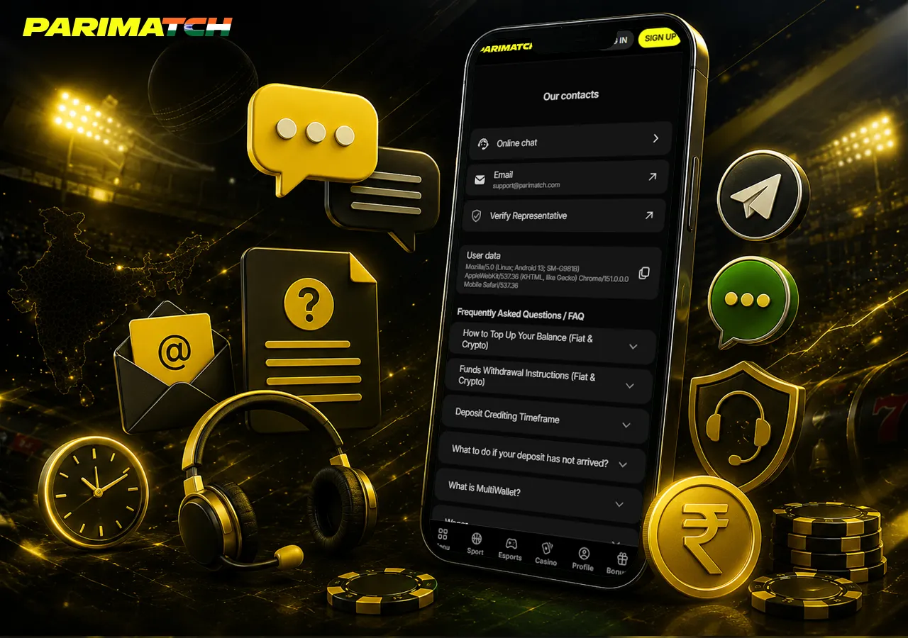 Parimatch India support with mobile chat, email and around-the-clock help