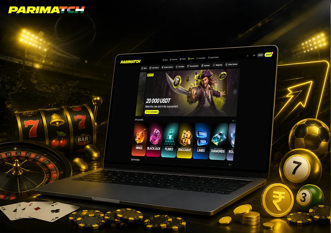 Parimatch casino section on laptop with slots, live tables and instant-game elements