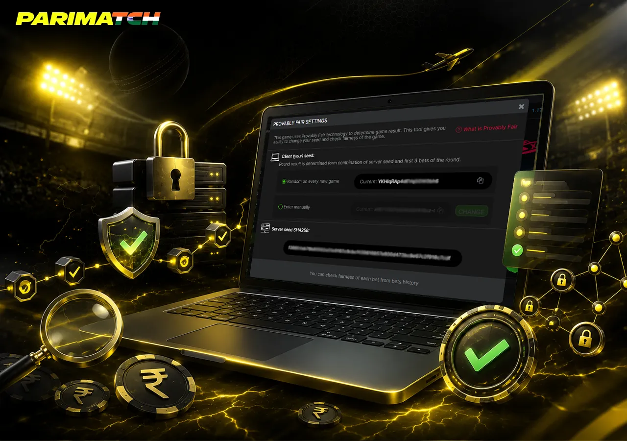 Fairness verification concept with seed chain, magnifier, shield and transparent check process