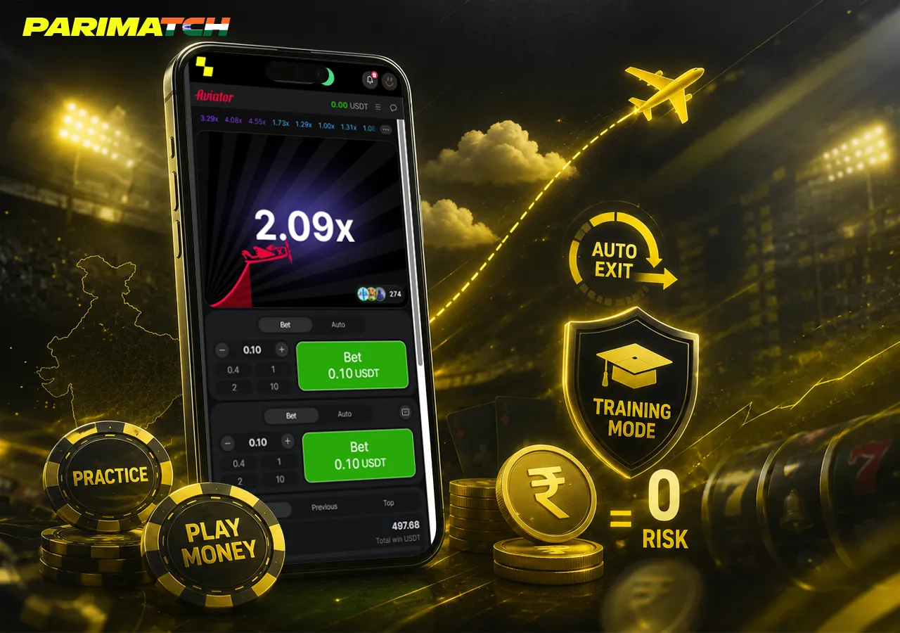 Parimatch Aviator demo mode on phone with practice chips, aircraft visuals and safe training atmosphere