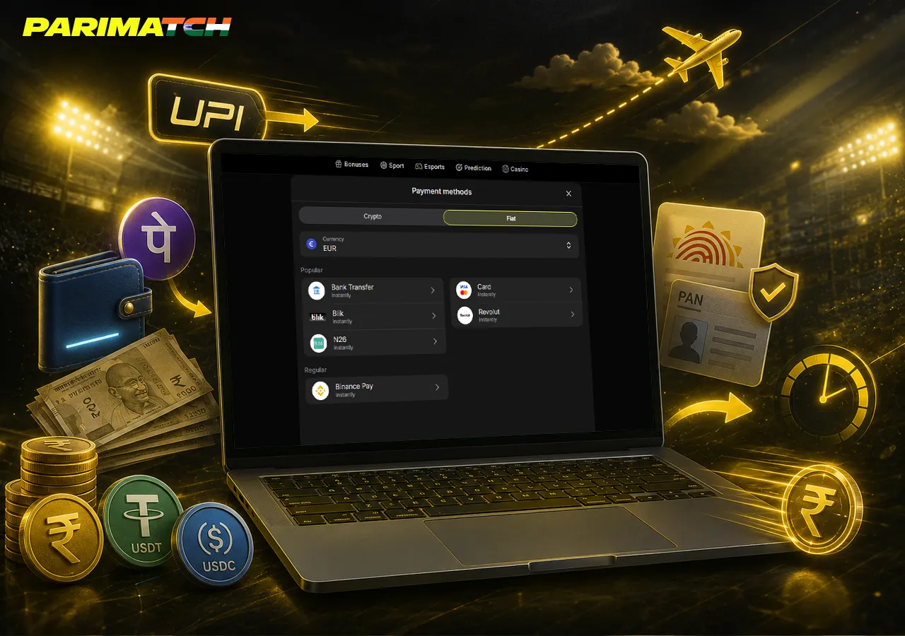 Parimatch Aviator payment overview on laptop with UPI, rupees, crypto options and KYC verification