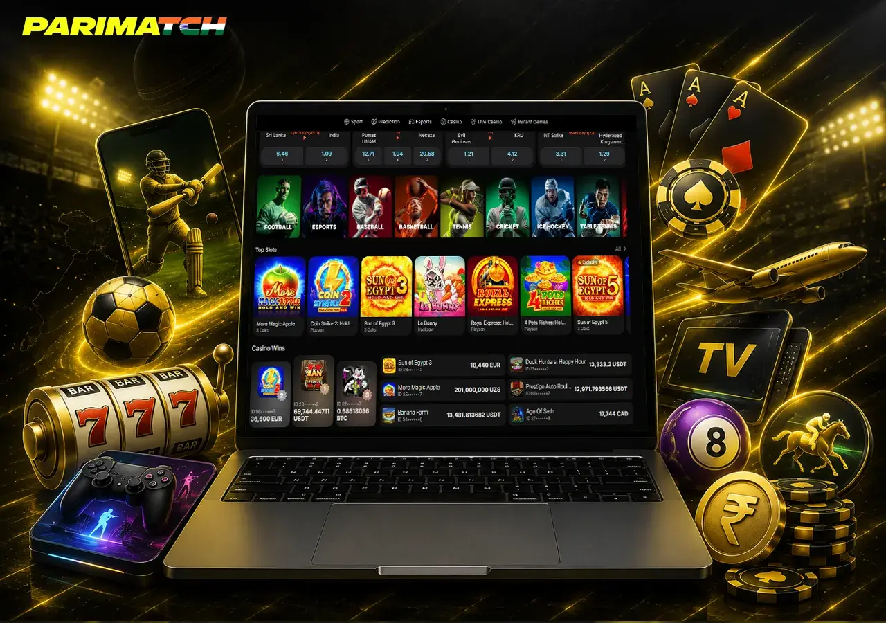 Betting and games hub on laptop with cricket, slots and live casino atmosphere